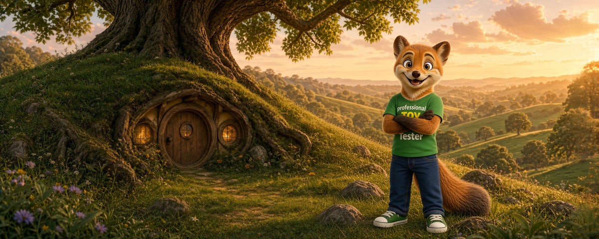 A stylized outdoor scene shows a fox character standing in front of a hobbit-style treehouse in a grassy valley at sunset. The fox is wearing a green T-shirt with white text that appears to read 'Proud Fox' and 'TigerBalm' near the bottom, along with blue pants and white sneakers.