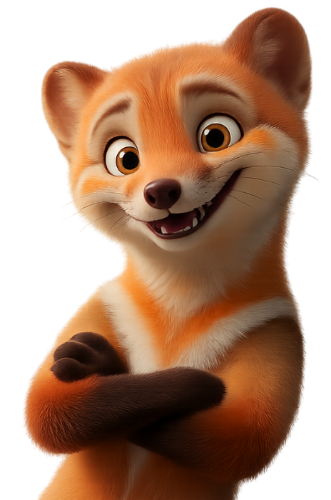 Animated fox character with a happy expression on a white background